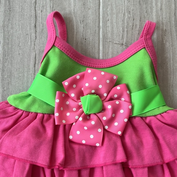 Mud Pie Baby Little Sprout Pink and Green Ruffle Ribbon Dress - Picture 2 of 4